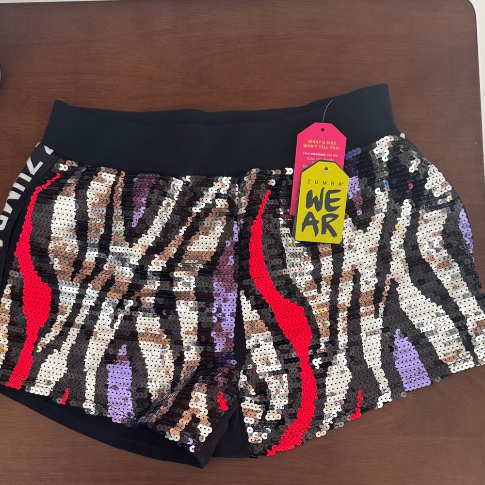 Zumba Fitness Sequin Zebra Print Shorts - Black, Red, Purple